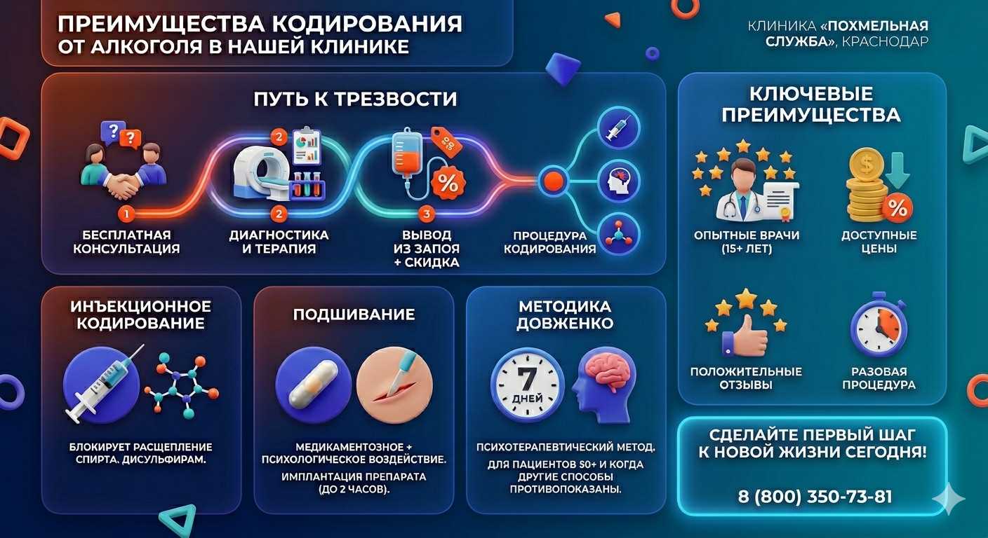 Инфографика о методах кодирования от алкоголя в Азнакаево: инъекции, подшивание, метод Довженко. Преимущества клиники и этапы лечения.